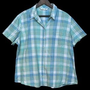 Riders by Lee Womens XXL Plaid Button Down Shirt Short Sleeve Teal Blue Cotton